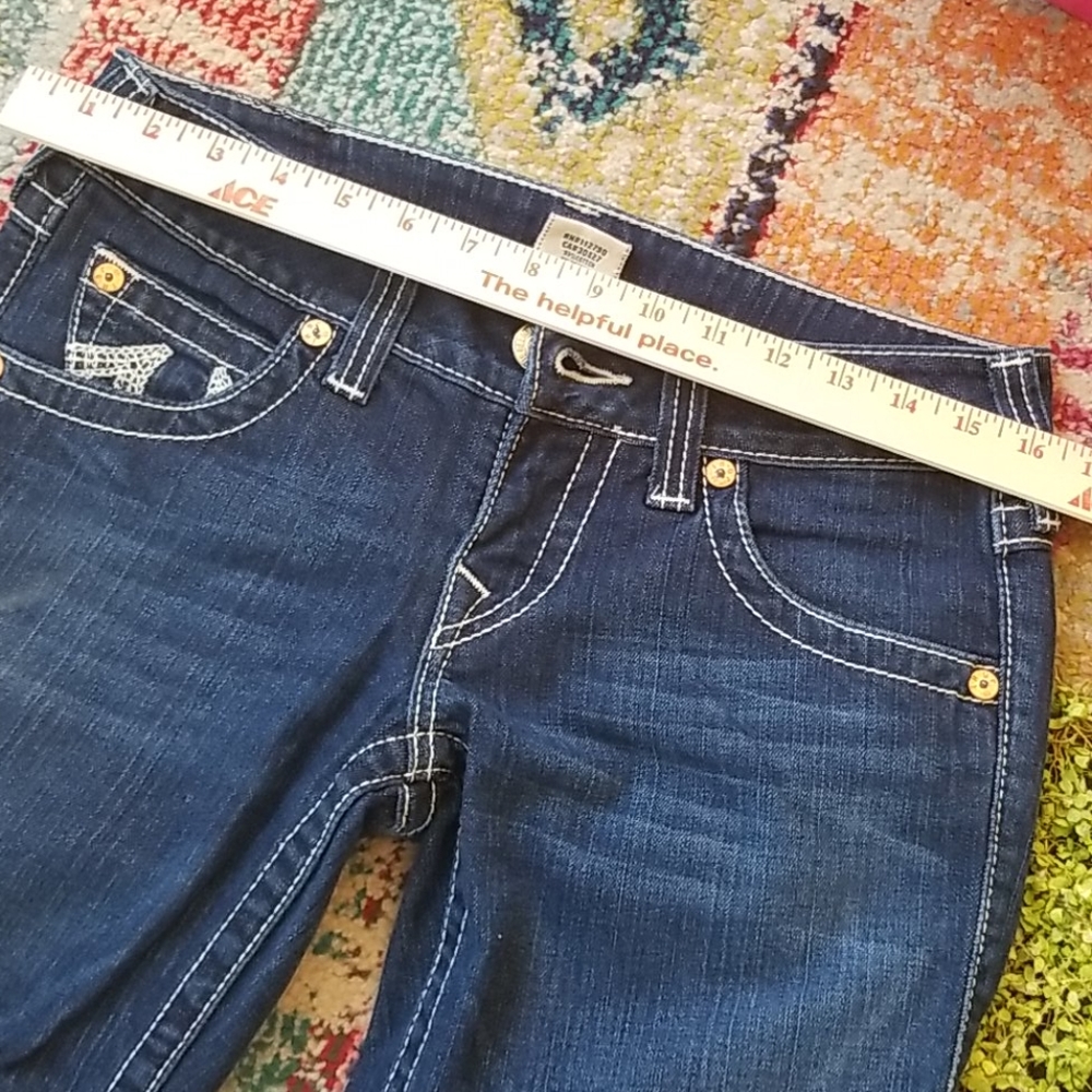 Y2k TRUE RELIGION Joey Dark Low FLARE HorseShoe Topstitched Bell IT Jeans 29 EUC - Picture 7 of 16